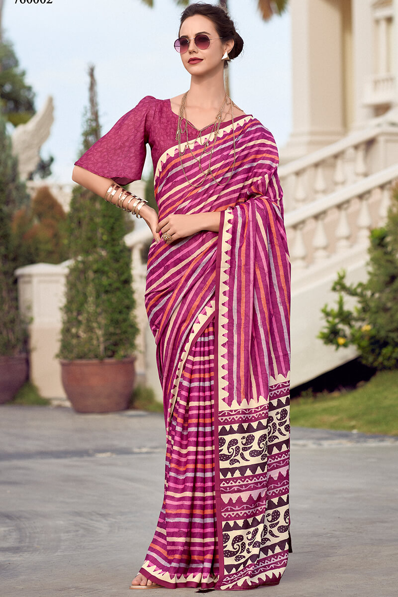 Sonorous Dark Pink Printed Mul Cotton Saree With Verdant Blouse Piece