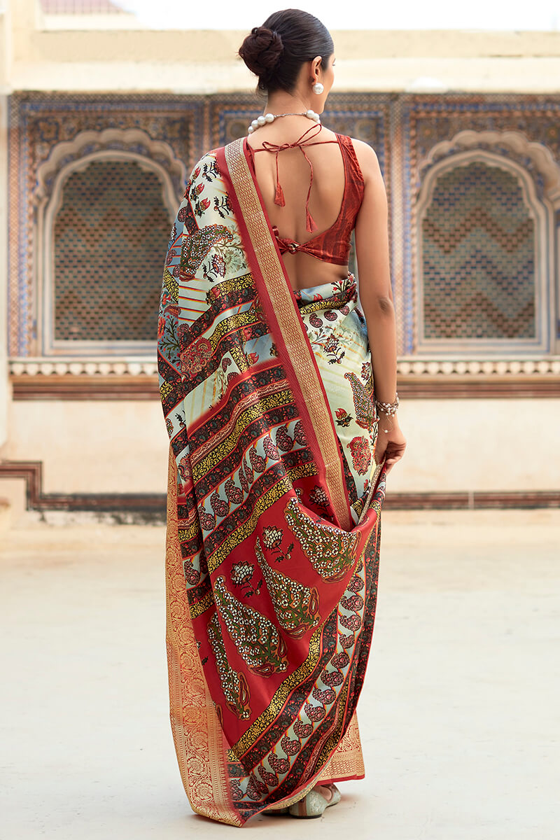 Brood Beige Digital Printed Dola Silk Saree With Exquisite Blouse Piece