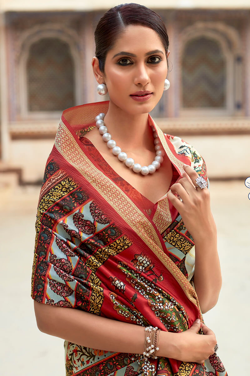 Brood Beige Digital Printed Dola Silk Saree With Exquisite Blouse Piece