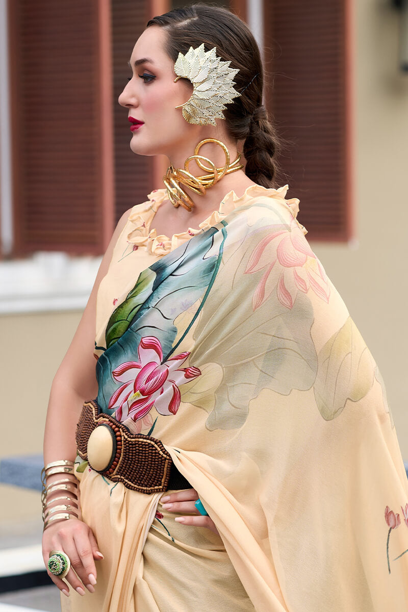 Captivating Beige Digital Printed Georgette Saree With Unique Blouse Piece