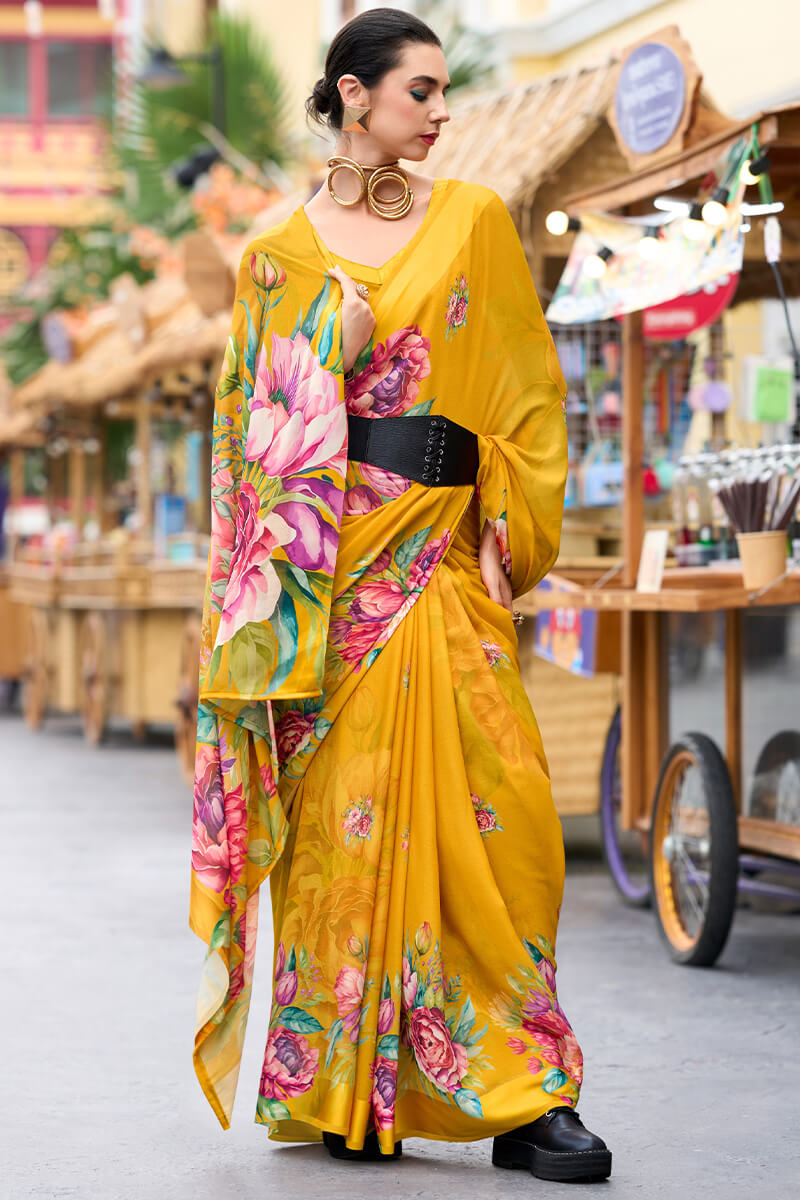 Opulent Yellow Digital Printed Georgette Saree With Pulsating Blouse Piece