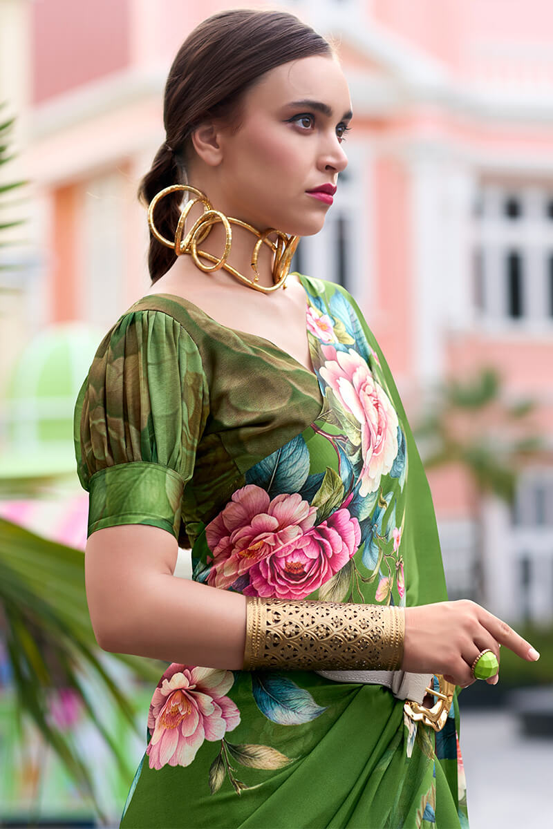 Intricate Green Digital Printed Georgette Saree With Charming Blouse Piece