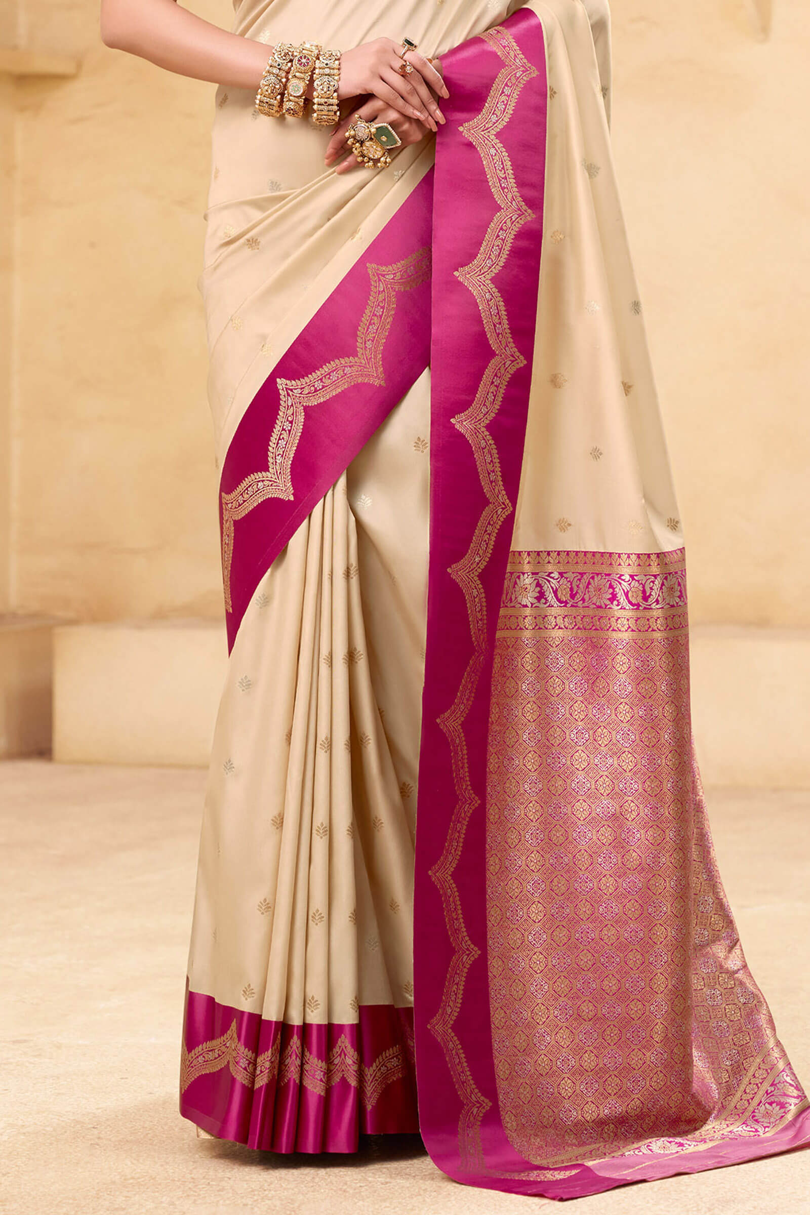 Devastating Beige Banarasi Satin Silk Saree With Flameboyant Blouse