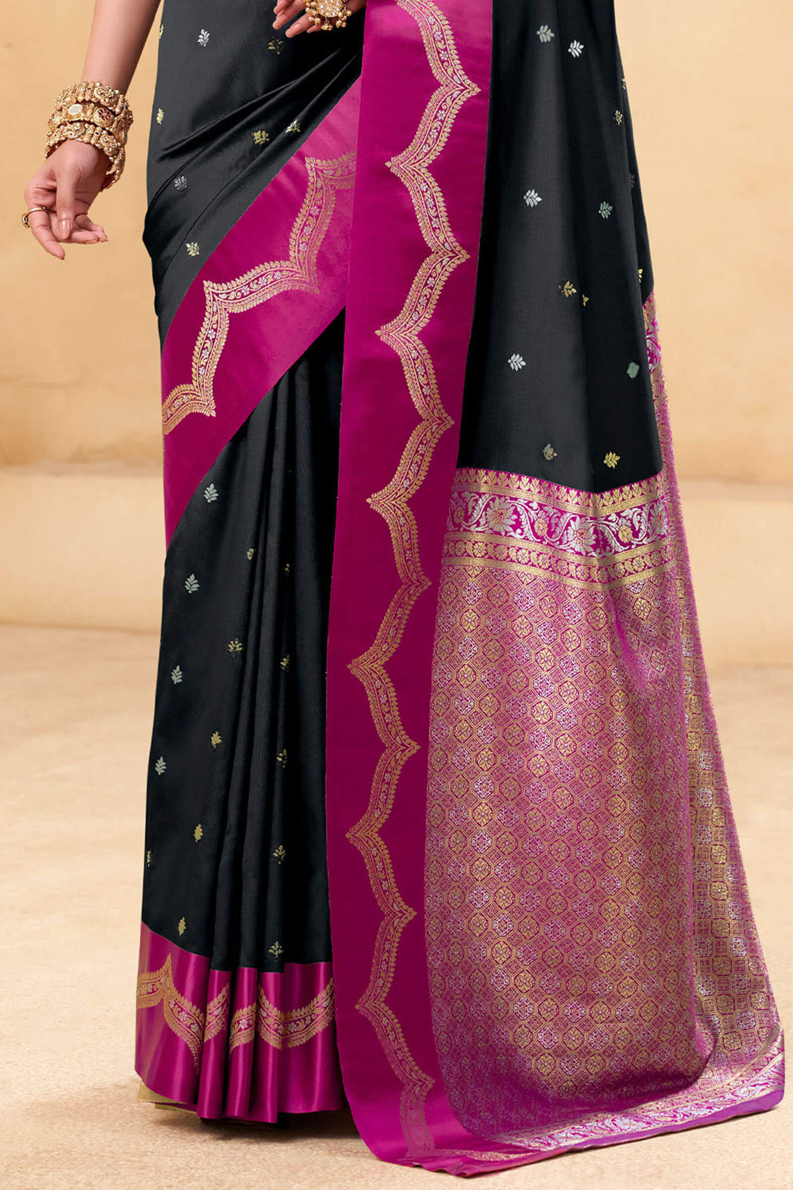 Tremendous Black Banarasi Satin Silk Saree With Dissemble Blouse