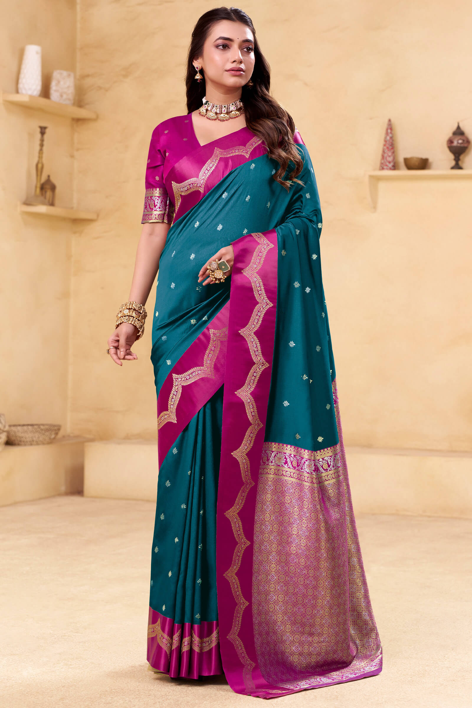 Embellished Rama Banarasi Satin Silk Saree With Resplendent Blouse