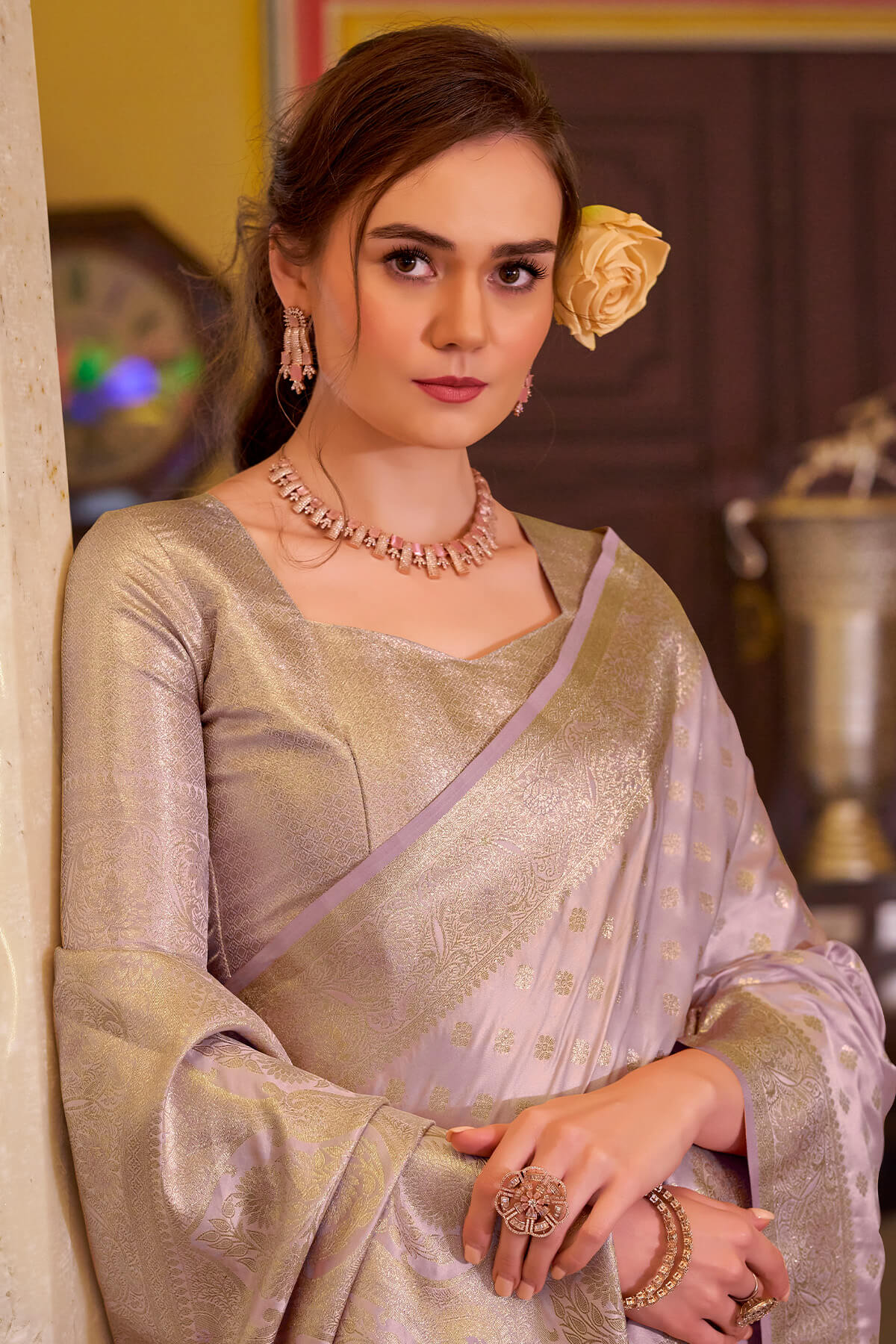 Impressive Lavender Banarasi Satin Silk Saree With Desirable Blouse