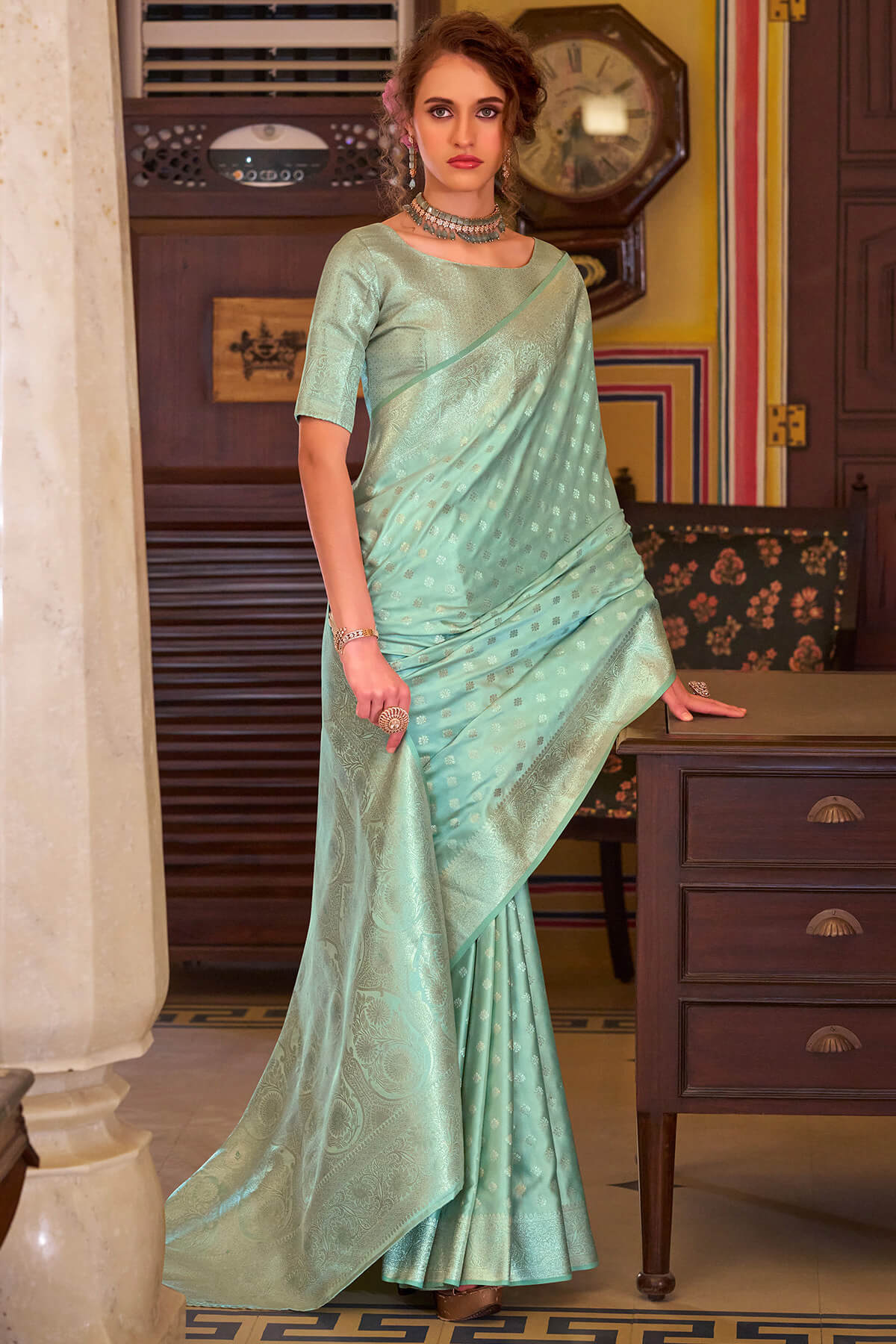 Redolent Sea Green Banarasi Satin Silk Saree With Ethnic Blouse