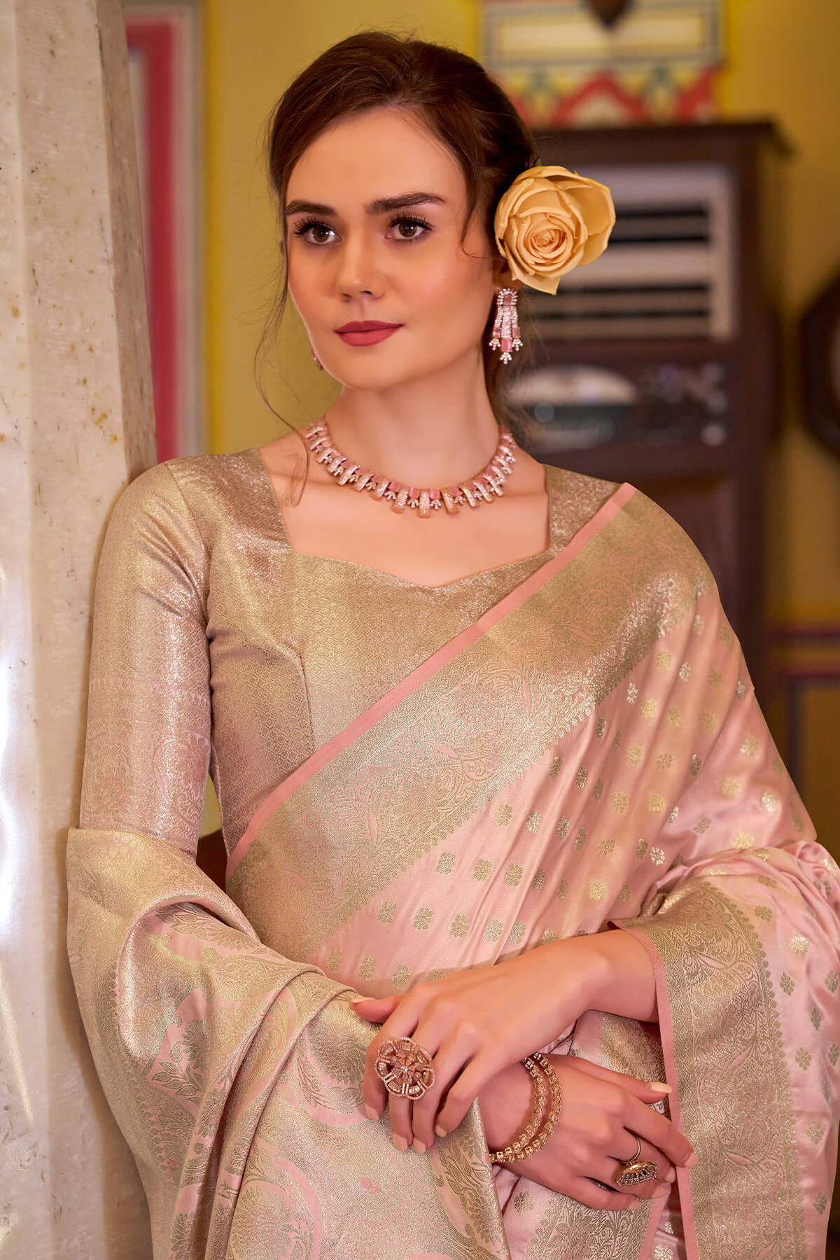 Preferable Baby Pink Banarasi Satin Silk Saree With Ideal Blouse