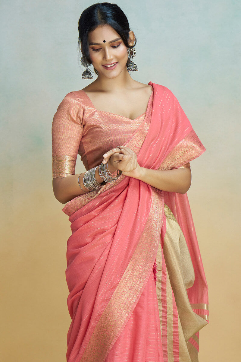 Grandiose Pink Cotton Silk Saree With Bewitching Blouse Piece