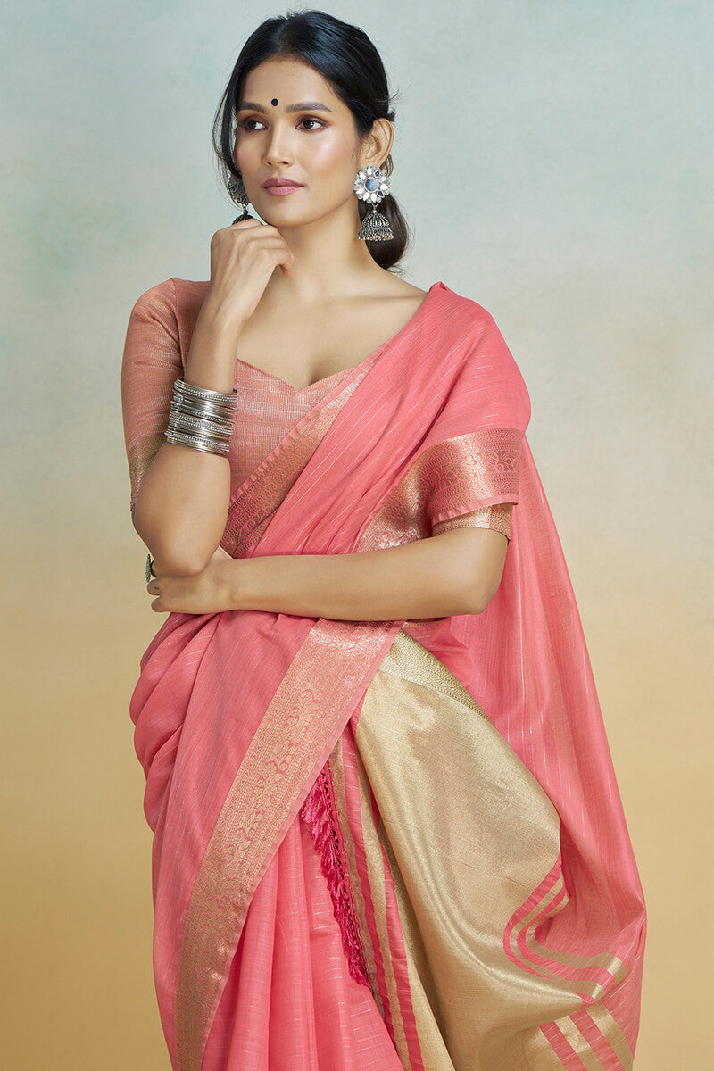 Grandiose Pink Cotton Silk Saree With Bewitching Blouse Piece