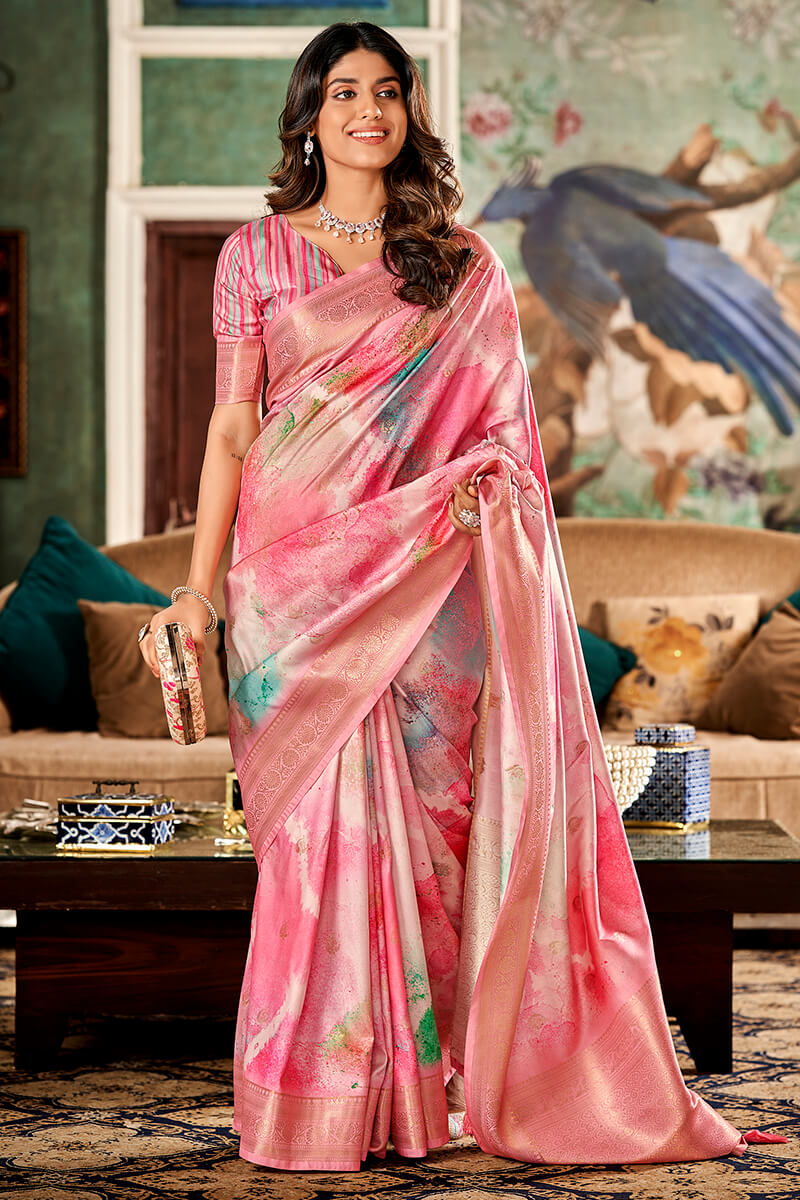 Ravishing Pink Digital Printed Soft Silk Saree With Jazzy Blouse Piece