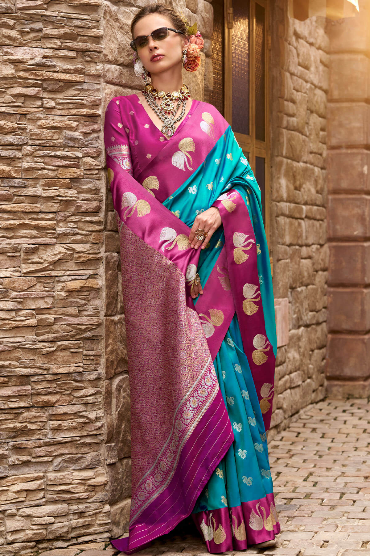 Beautiful Firozi Banarasi Satin Silk Saree With Whimsical Blouse