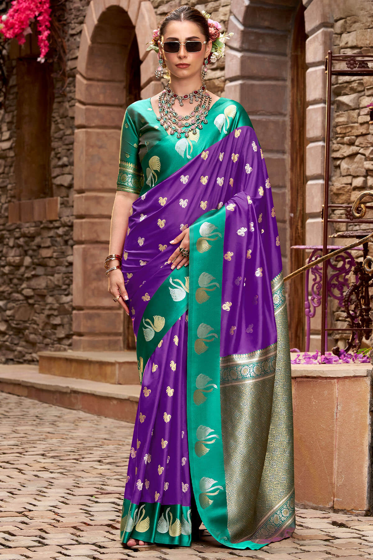 Glowing Purple Banarasi Satin Silk Saree With Glittering Blouse