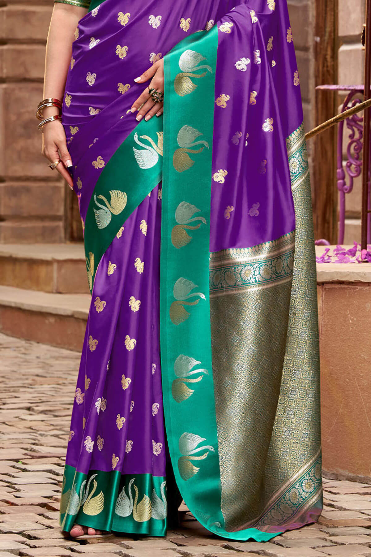 Glowing Purple Banarasi Satin Silk Saree With Glittering Blouse