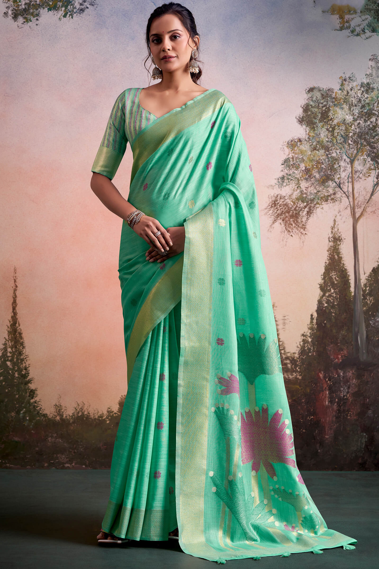 Aplomb Sea Green Zari Woven Pure Linen Silk Saree With Verdant Blouse Piece