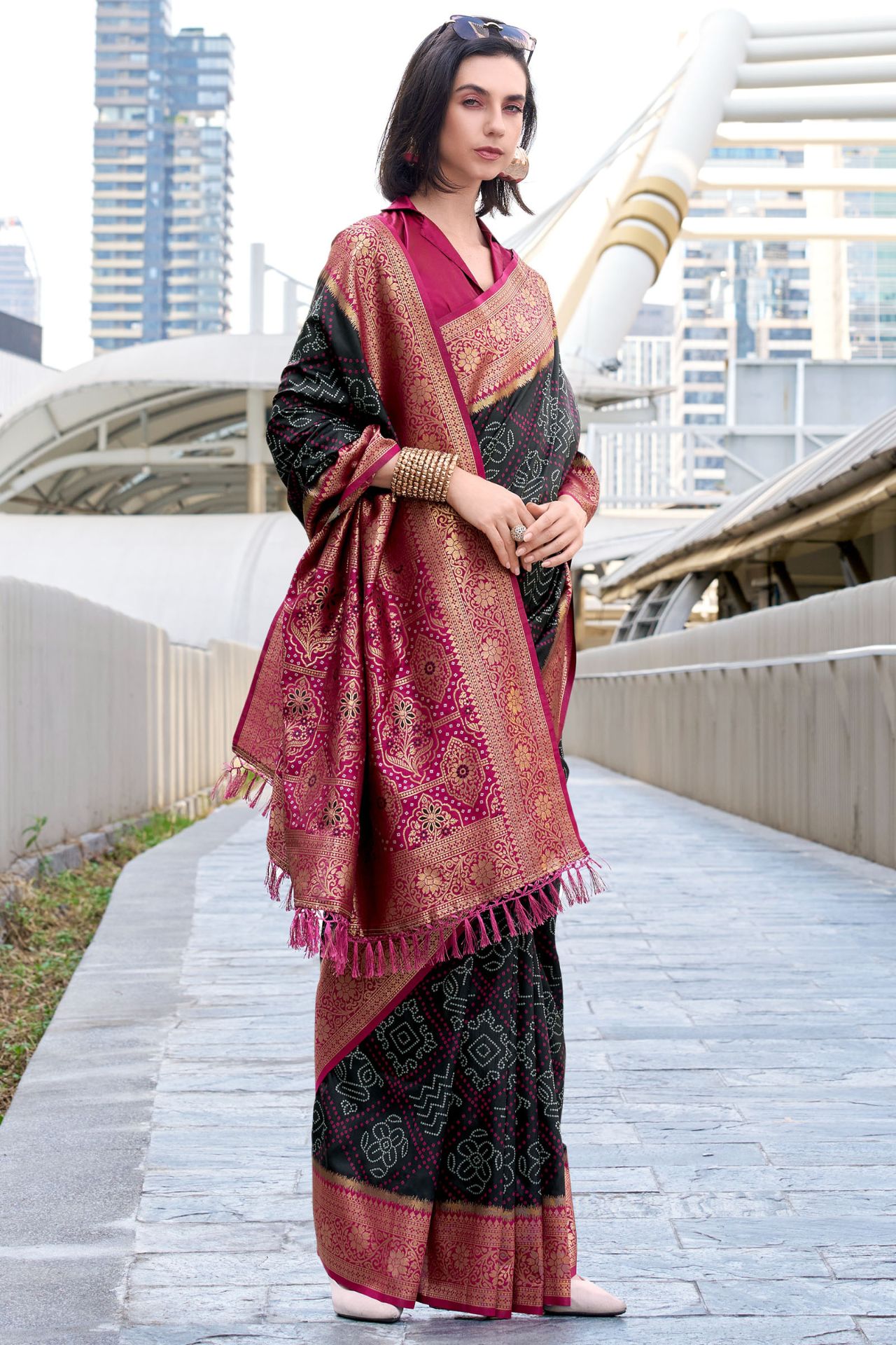 Designer Black Soft Banarasi Silk Saree With Glittering Blouse Piece