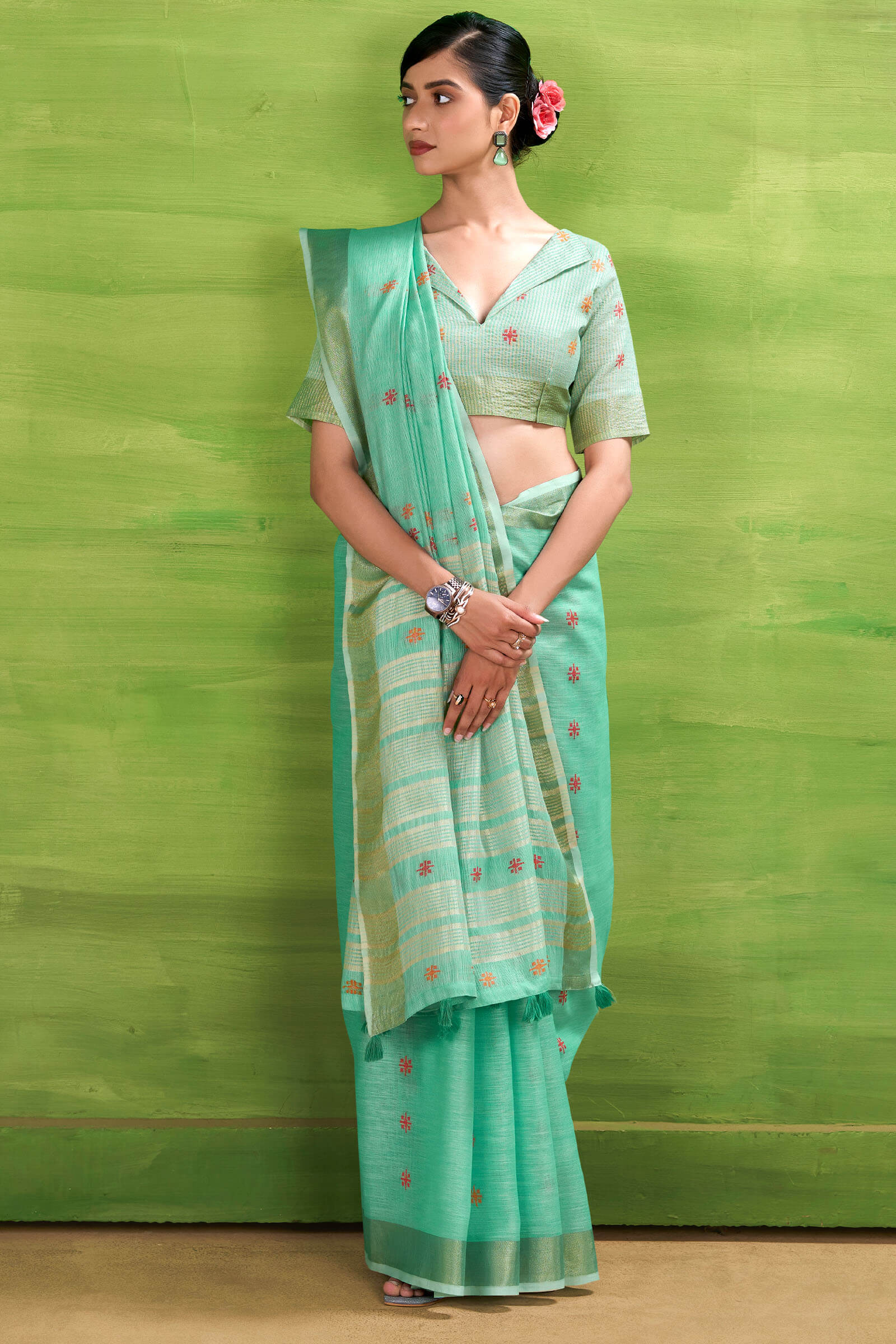 Rhapsodic Turquoise Cotton Silk Saree With Hypnotic Blouse Piece