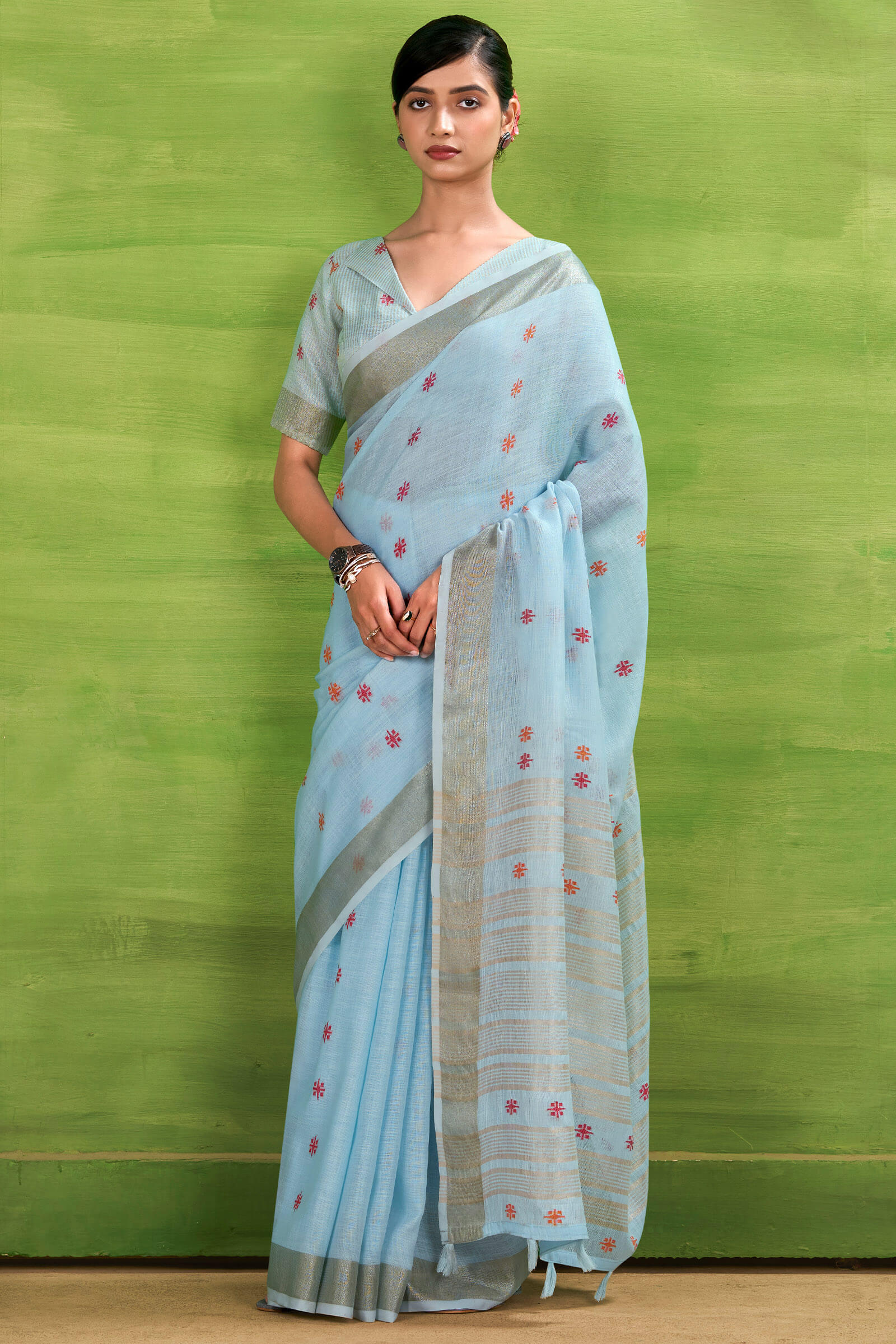 Winsome Sky Cotton Silk Saree With Adorning Blouse Piece