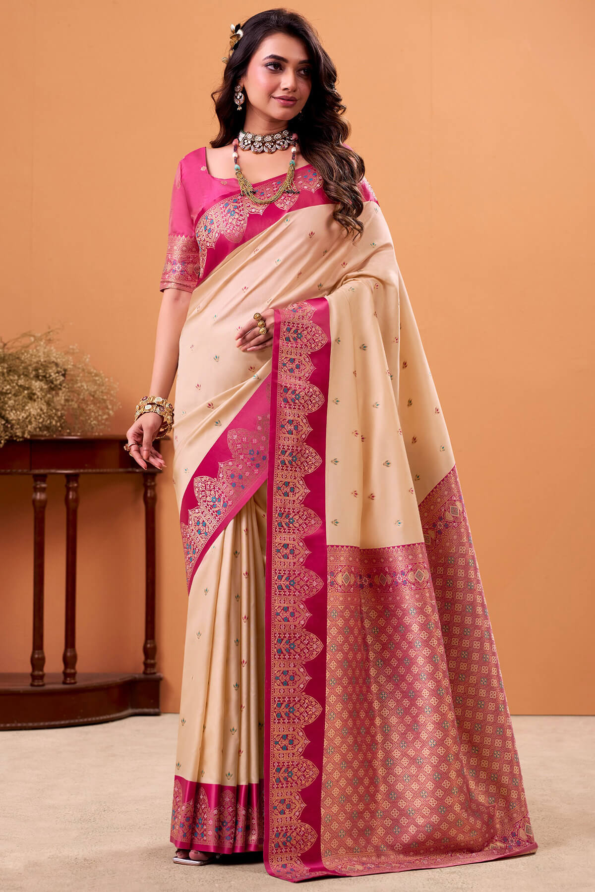 Prettiest Beige Banarasi Satin Silk Saree With Winsome Blouse