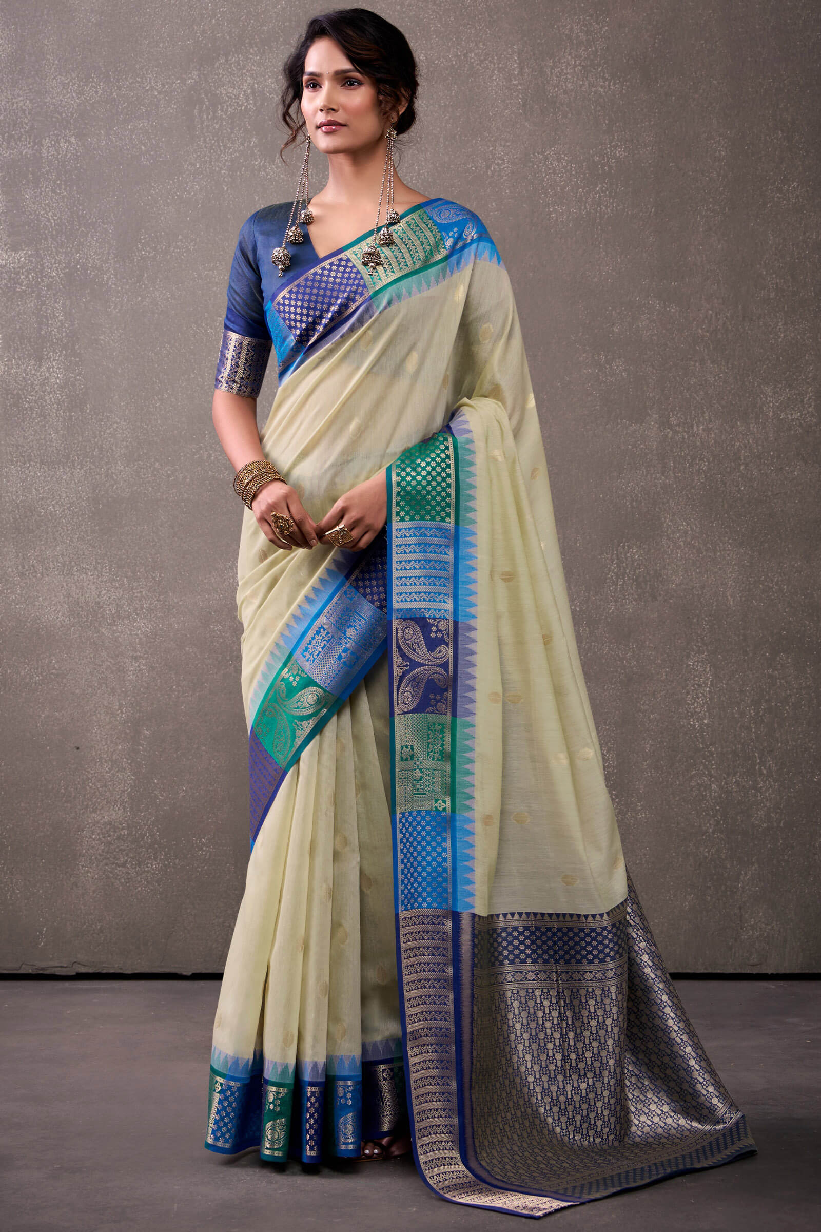 Proficient Beige And Blue Cotton Silk Saree With Engrossing Blouse Piece