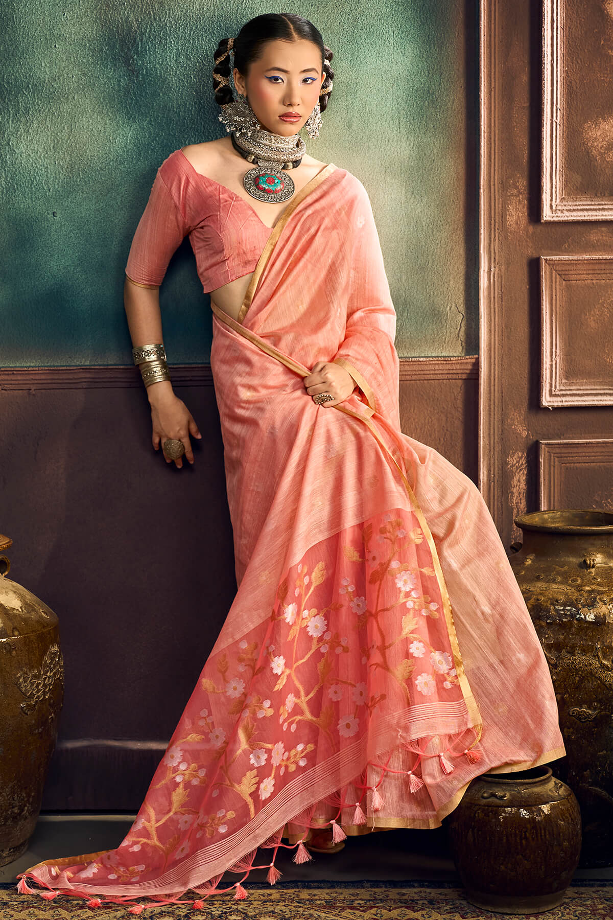 Luminous Peach Pure Munga Cotton Silk Saree With Twirling Blouse Piece