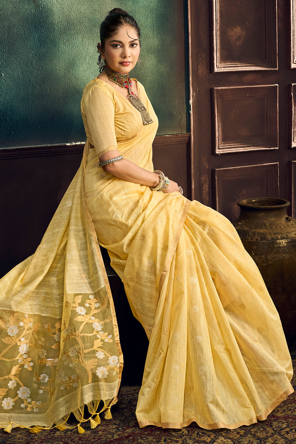 Glamorous Yellow Pure Munga Cotton Silk Saree With Evocative Blouse Piece