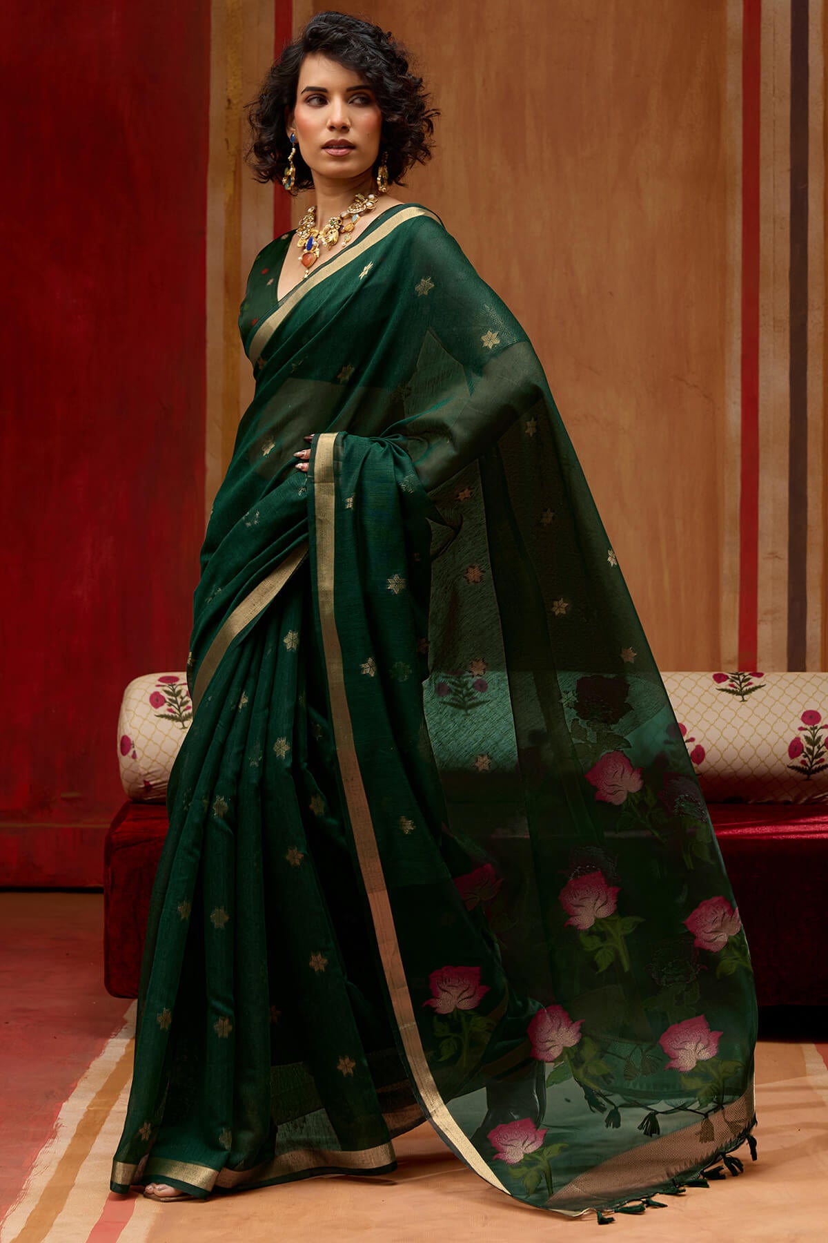 Magnificat Dark Green Pure Munga Cotton Saree With Beautiful Blouse Piece