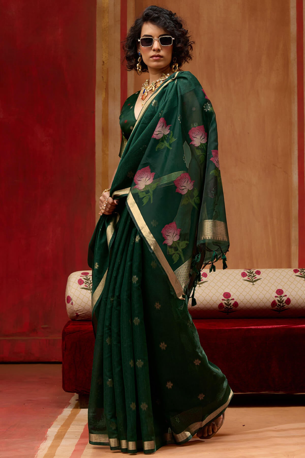 Magnificat Dark Green Pure Munga Cotton Saree With Beautiful Blouse Piece