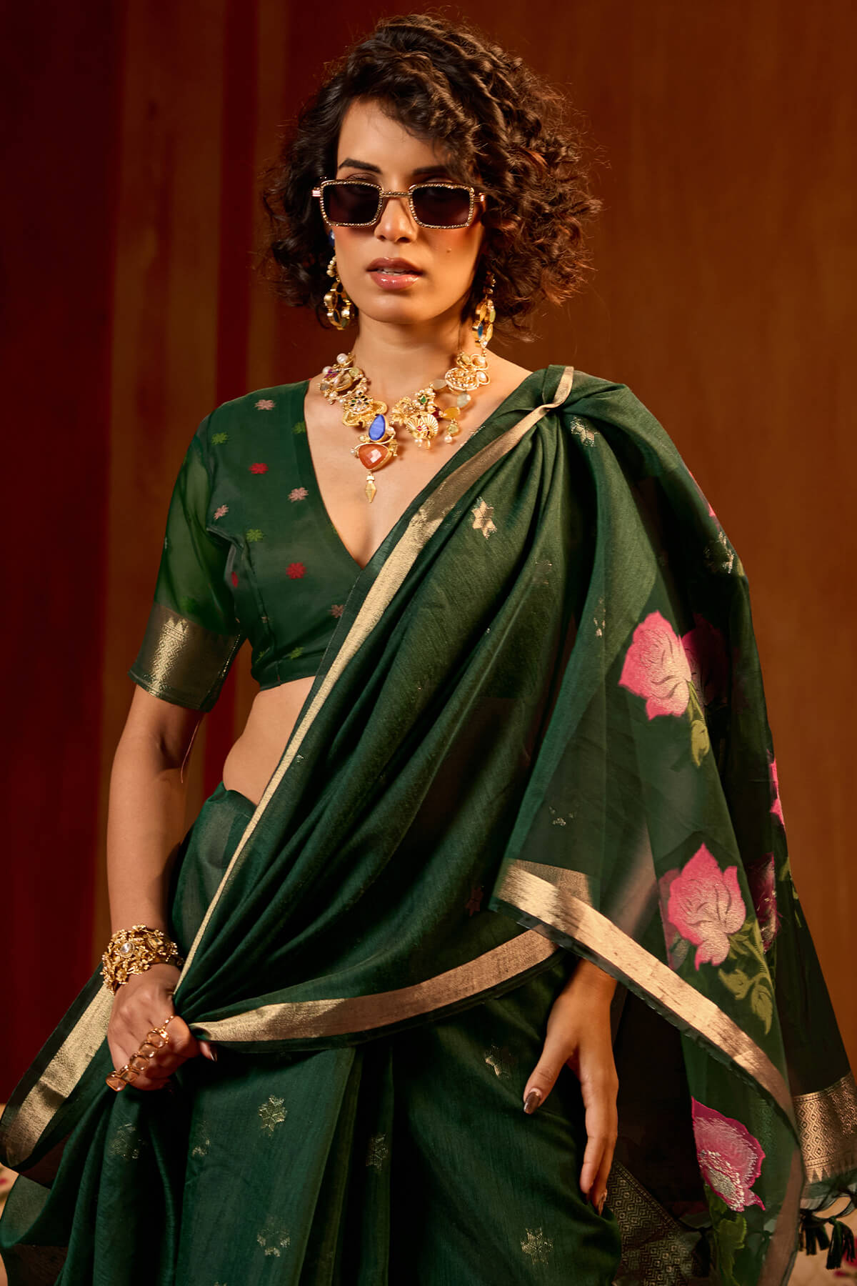 Magnificat Dark Green Pure Munga Cotton Saree With Beautiful Blouse Piece