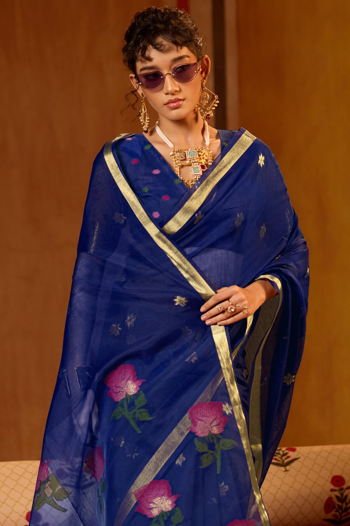 Stunning Navy Blue Pure Munga Cotton Saree With Super extravagant Blouse Piece