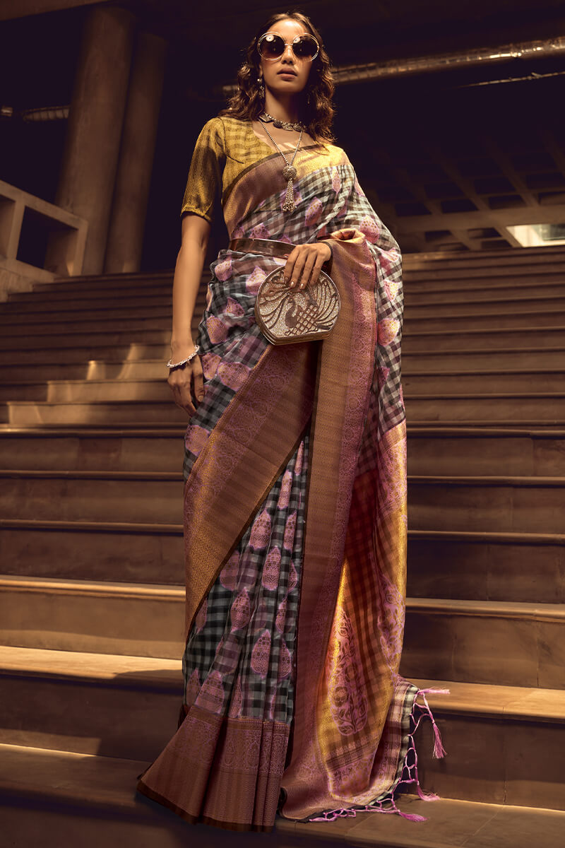 Prominent Grey and Lavender Soft Banarasi Silk Saree With Entrancing Blouse