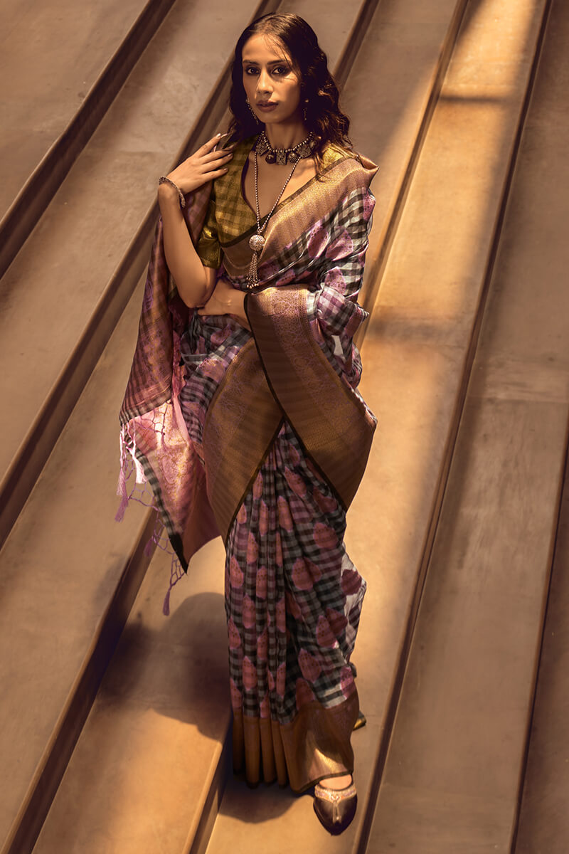 Prominent Grey and Lavender Soft Banarasi Silk Saree With Entrancing Blouse