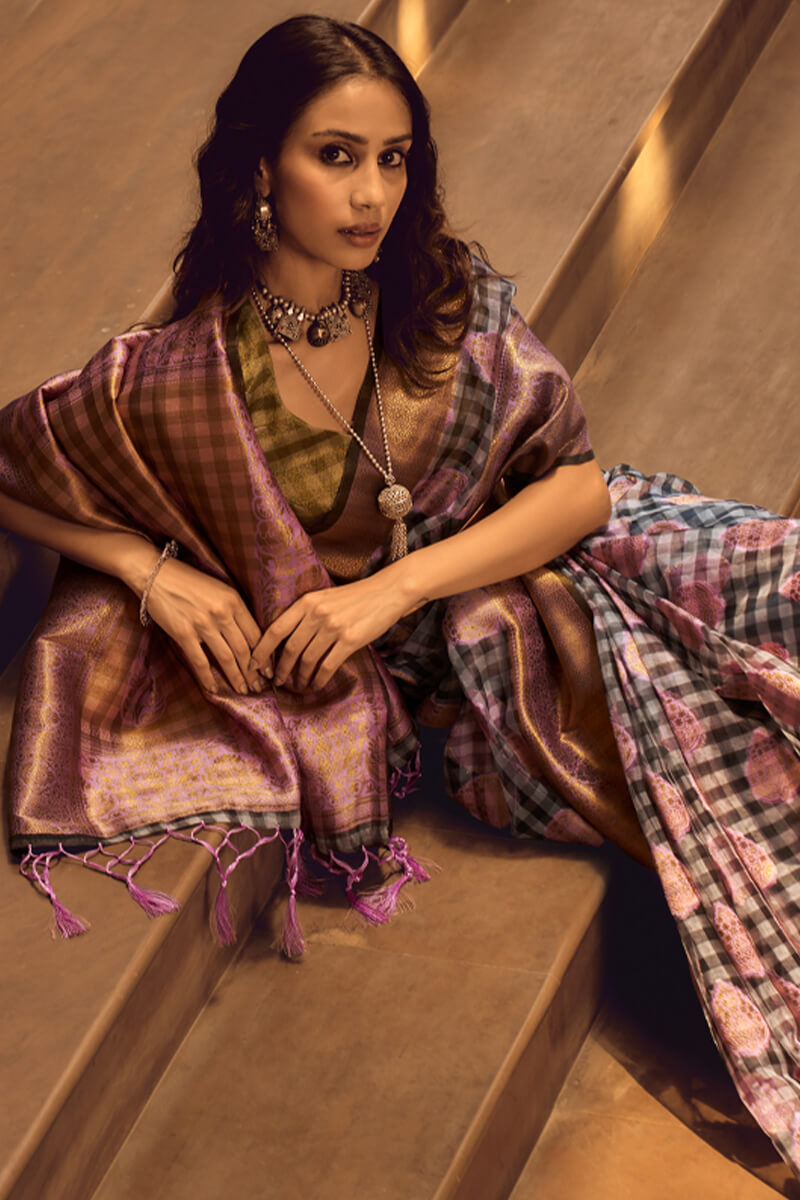 Prominent Grey and Lavender Soft Banarasi Silk Saree With Entrancing Blouse