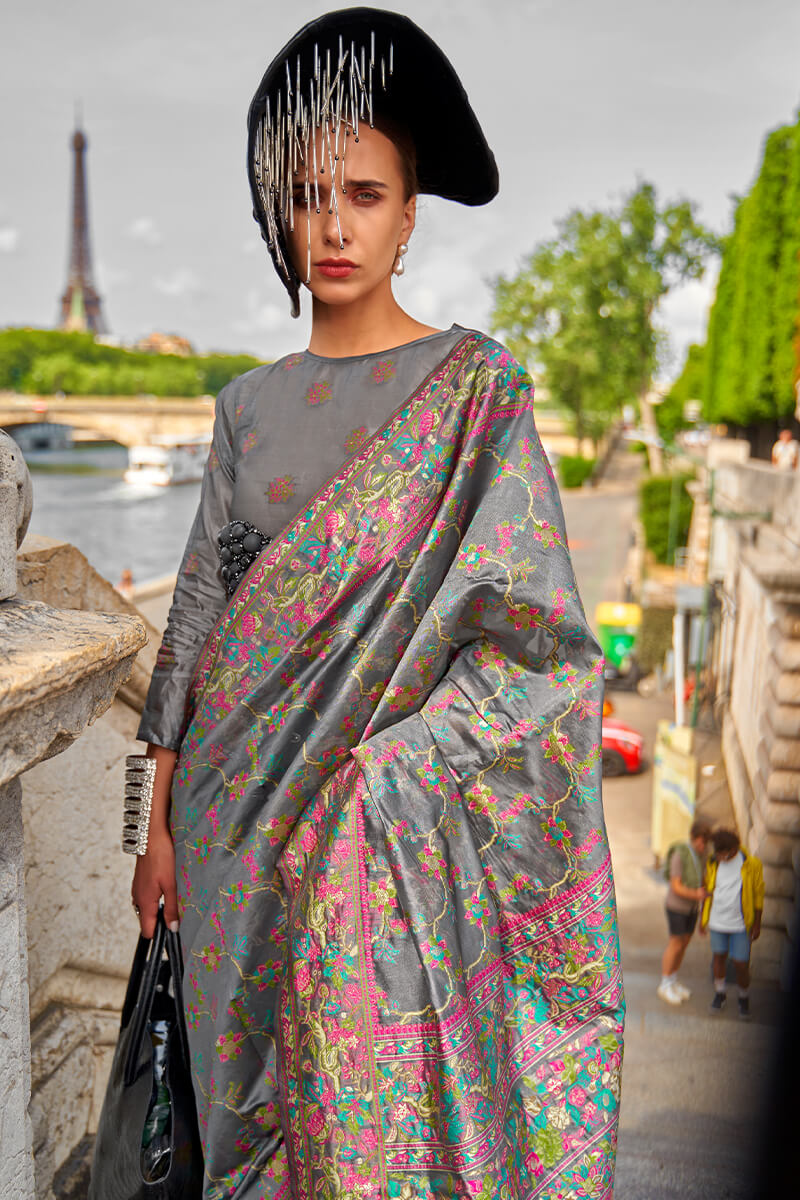 Diaphanous Grey Pashmina saree With Moiety Blouse Piece