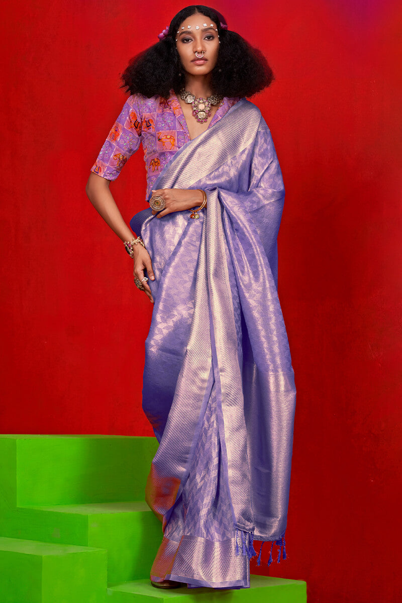 Tantalizing Lavender Soft Banarasi Tissue Silk Saree With Prettiest Blouse Piece