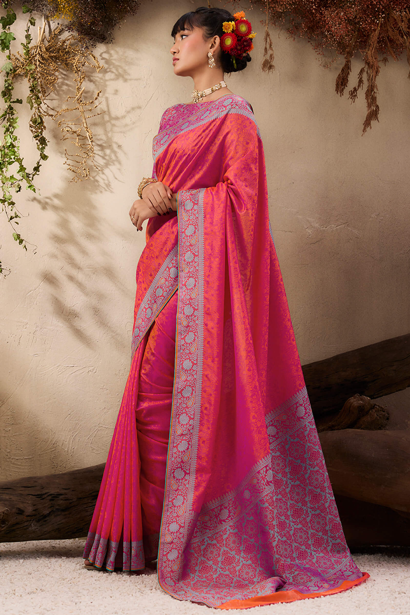 Desultory Dark Pink Kanjivaram Silk Saree With Adorable Blouse Piece