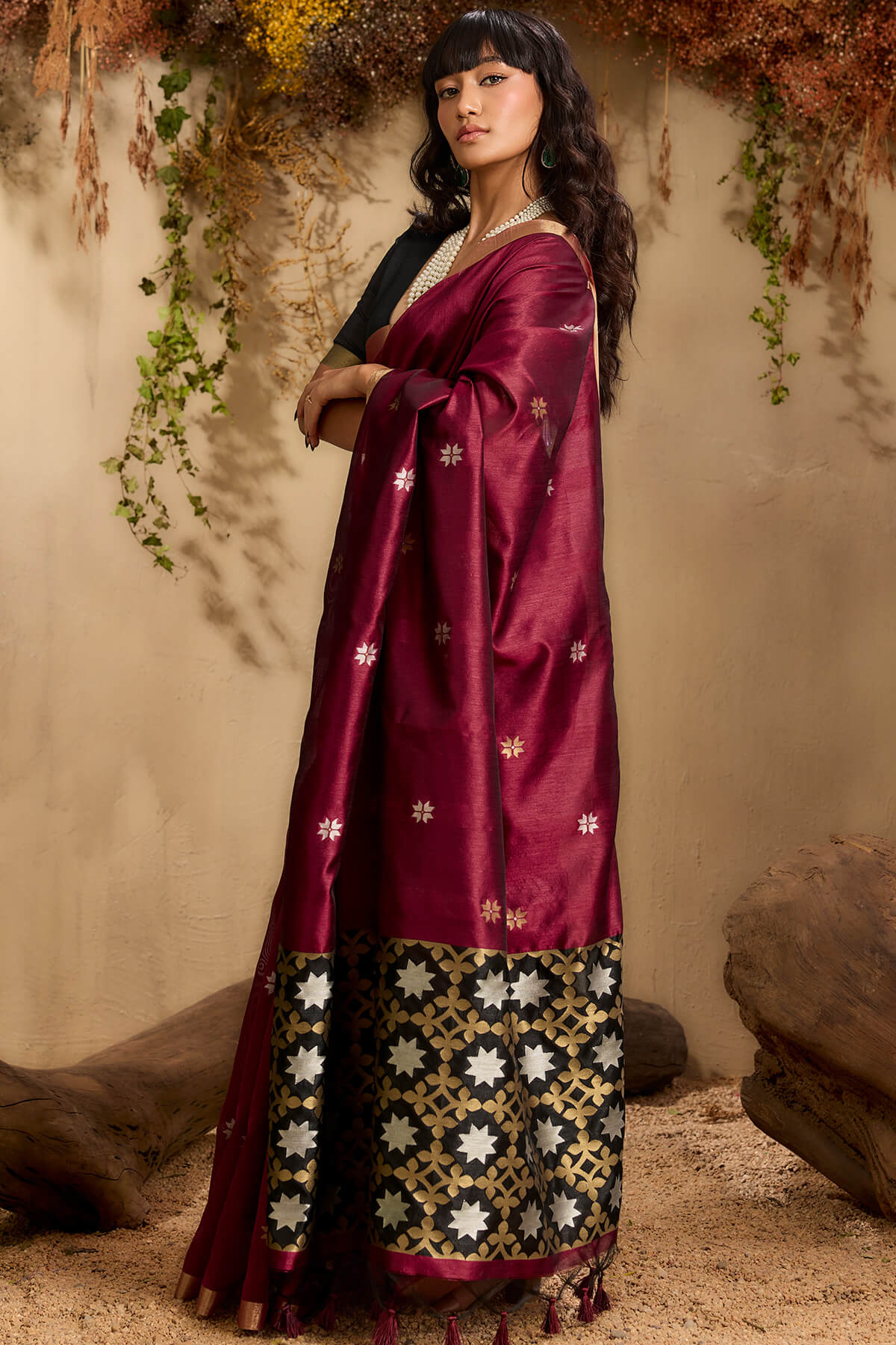 Unequalled Wine Pure Zari Weaving Banarasi Tussar Silk Saree With Quintessential Blouse Piece