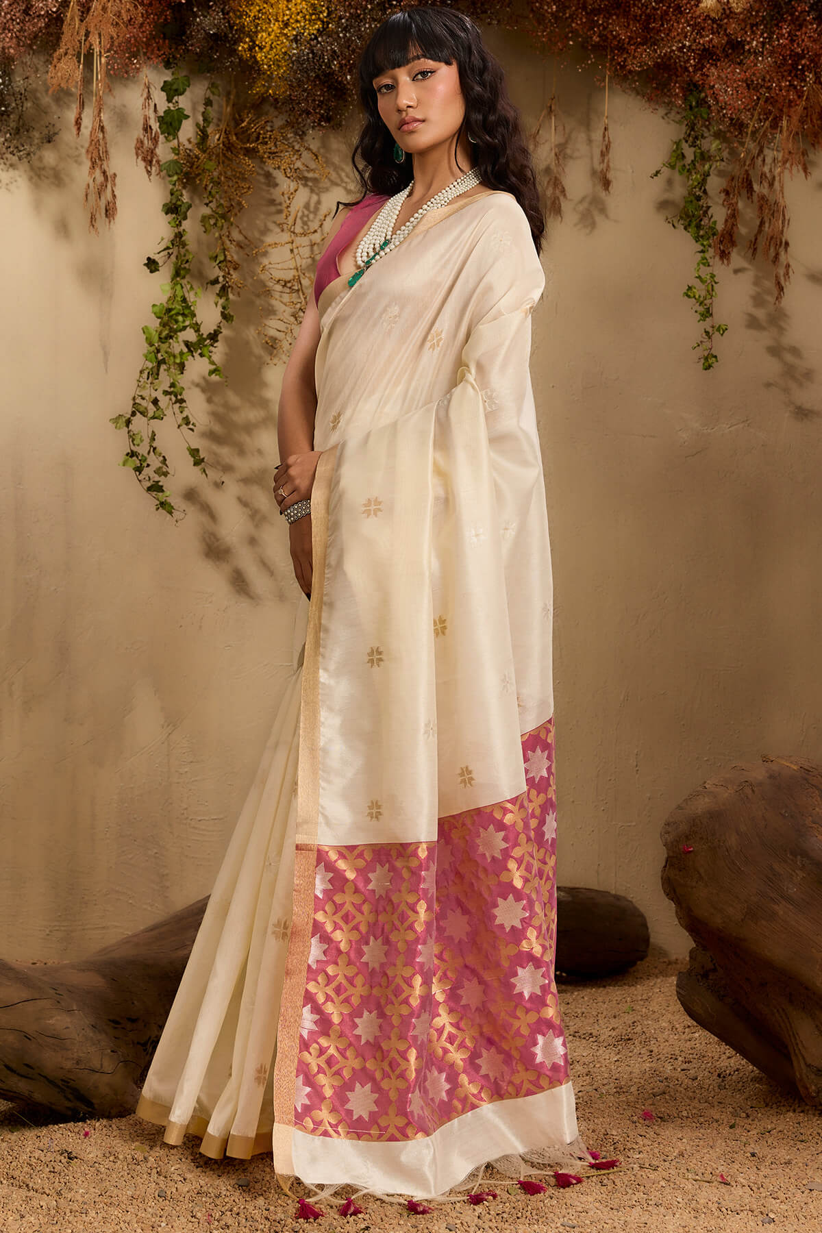 Enigmatic Beige Pure Zari Weaving Banarasi Tussar Silk Saree With Snappy Blouse Piece