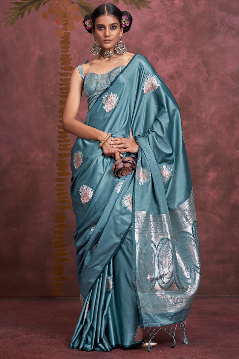 Ethereal Blue Banarasi Satin Silk Saree With Tempting Blouse
