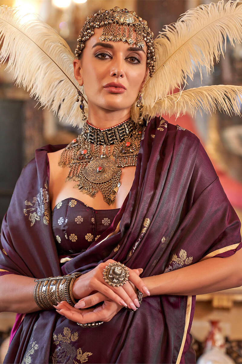 Glorious Wine Banarasi Satin Silk Saree With Pleasant Blouse