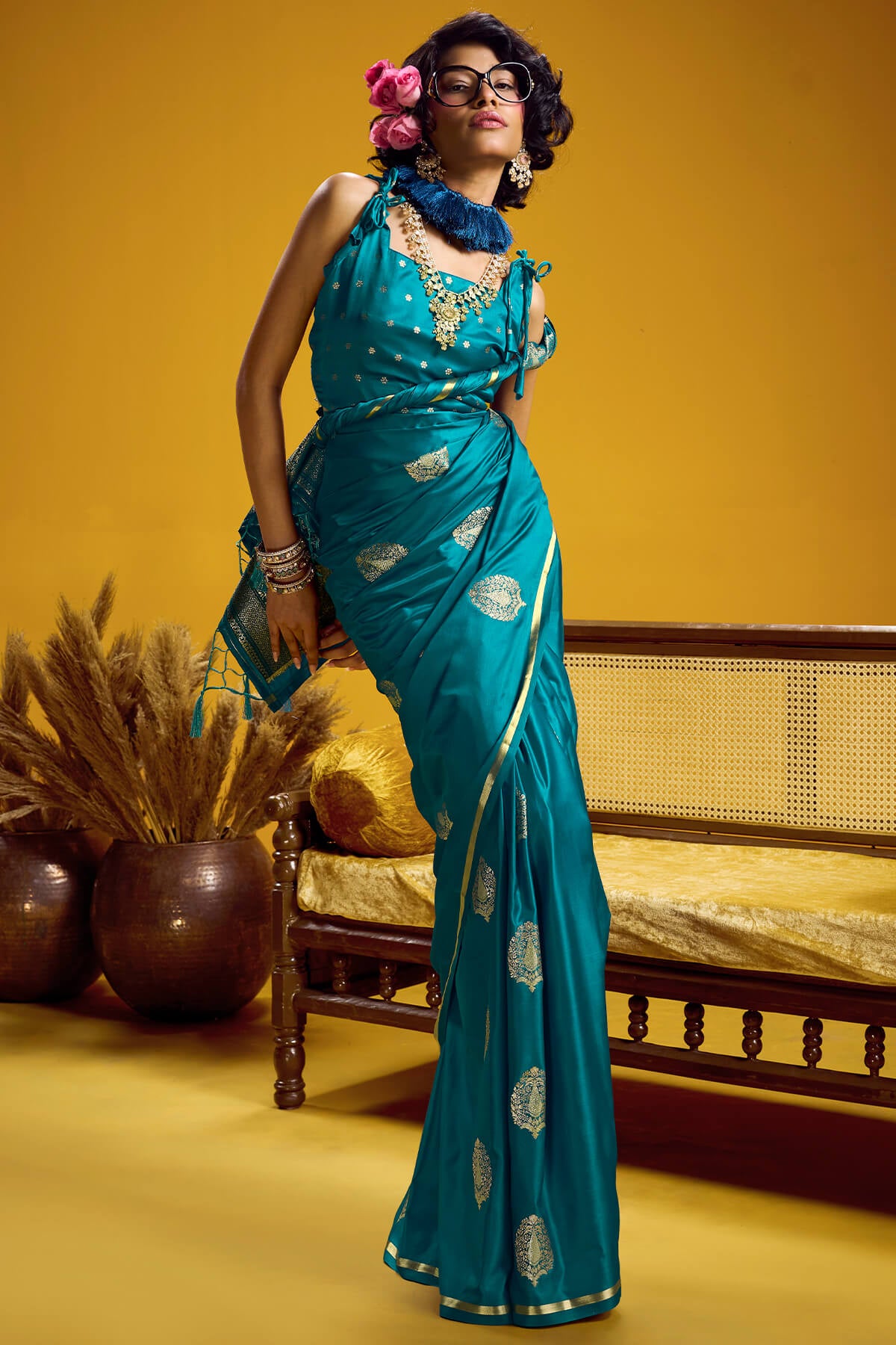Smashing Rama Banarasi Satin Silk Saree With Effulgent Blouse