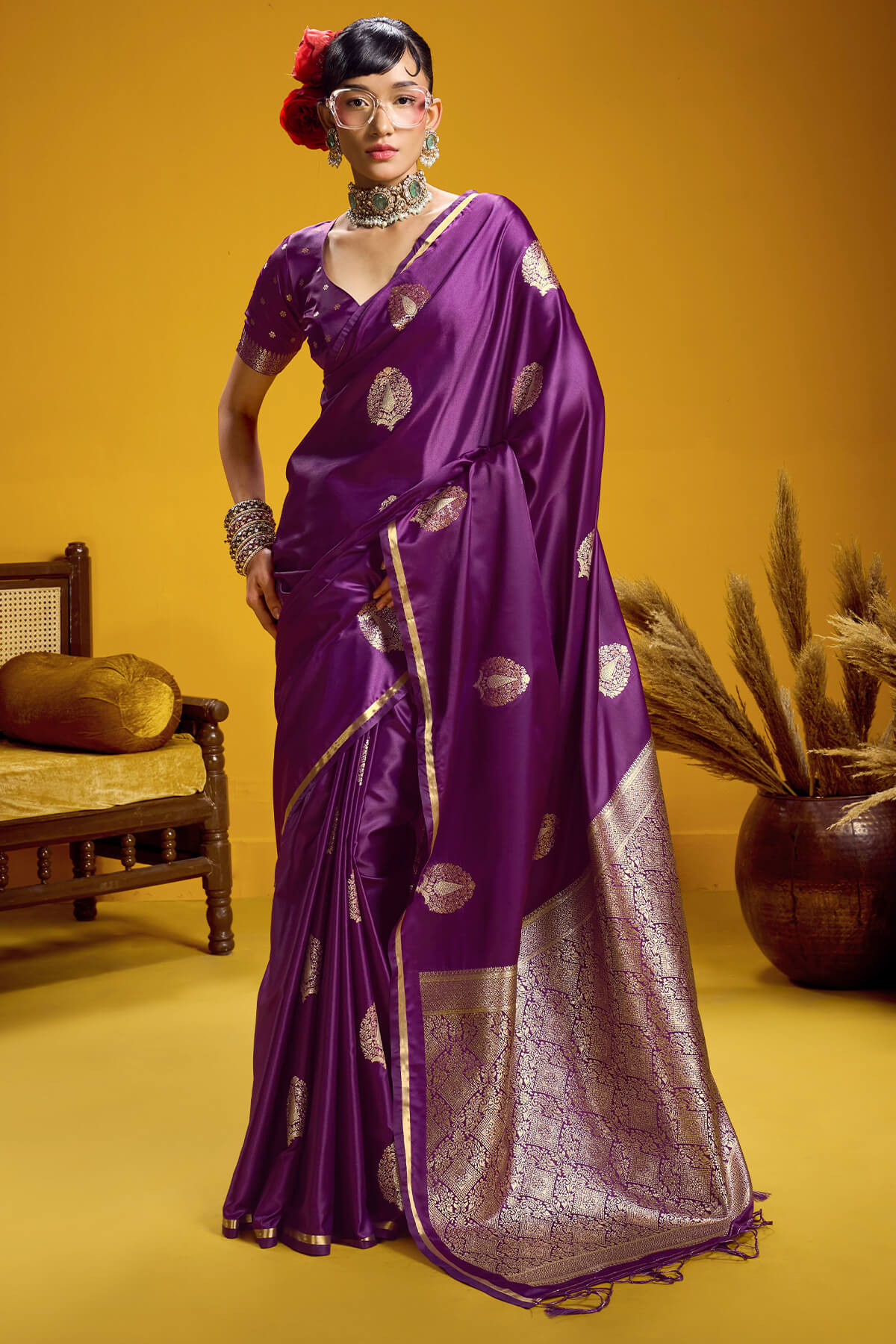 Desuetude Wine Banarasi Satin Silk Saree With Piquant Blouse