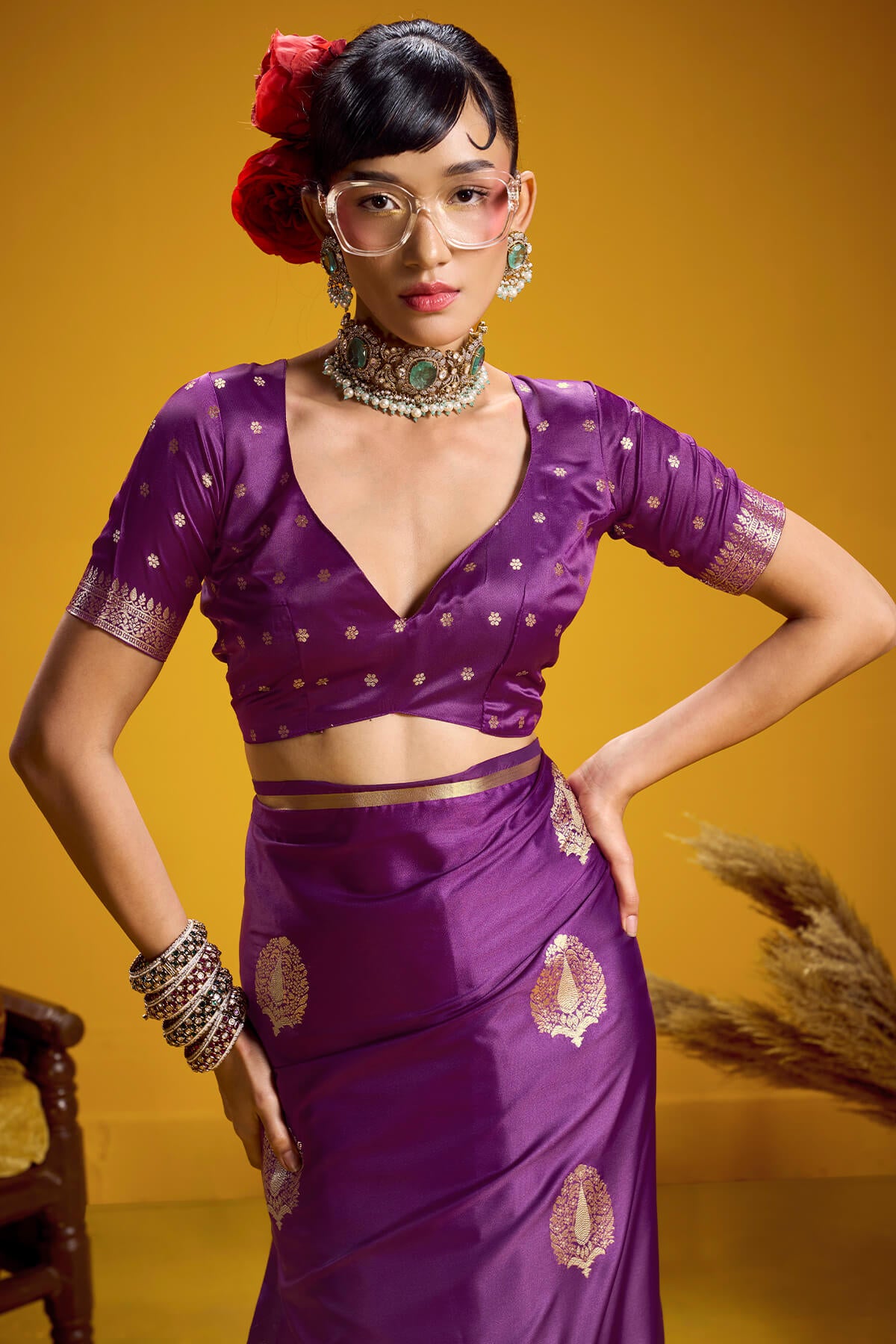 Desuetude Wine Banarasi Satin Silk Saree With Piquant Blouse