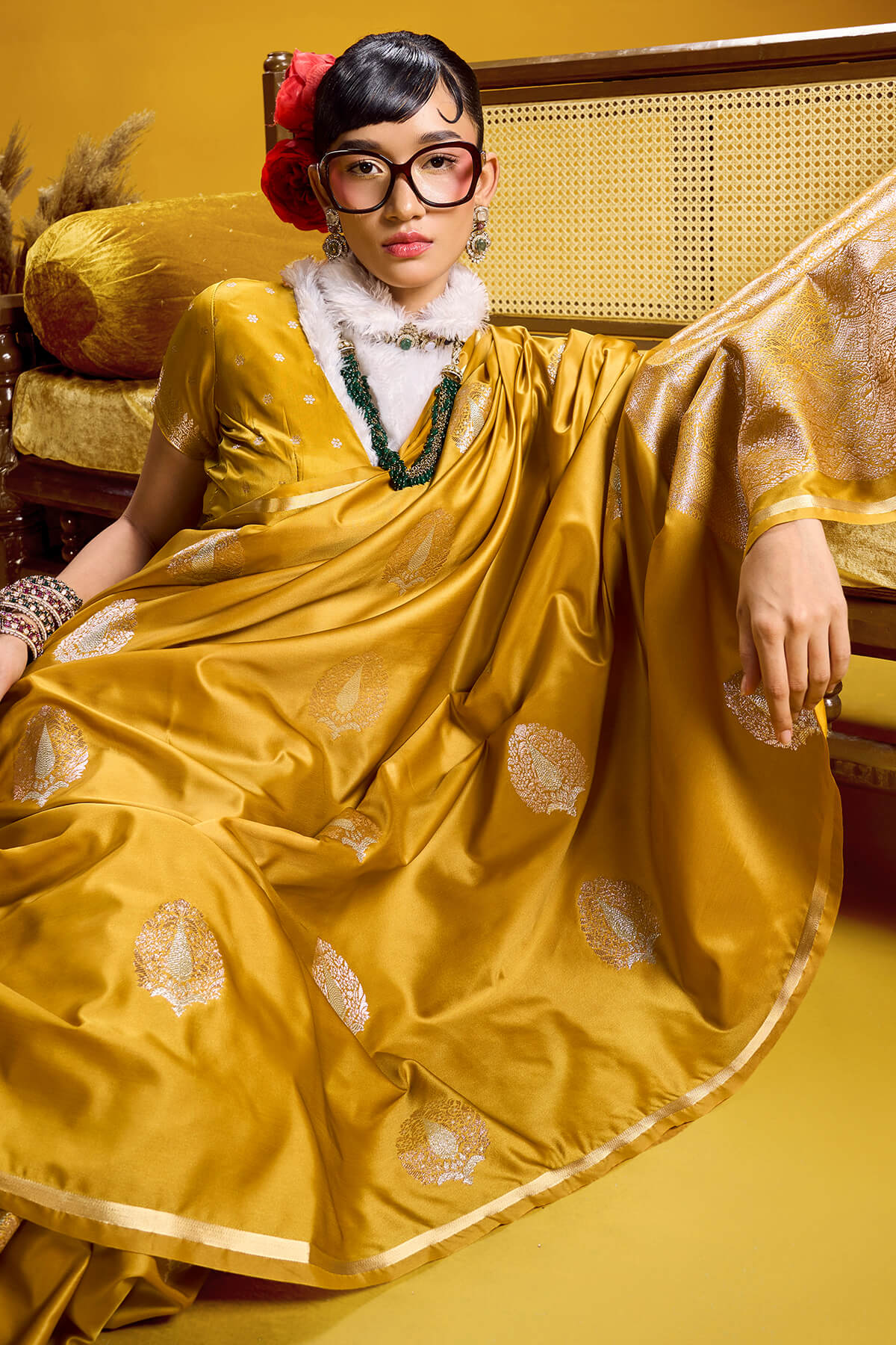 Intricate Mustard Banarasi Satin Silk Saree With Beguiling Blouse