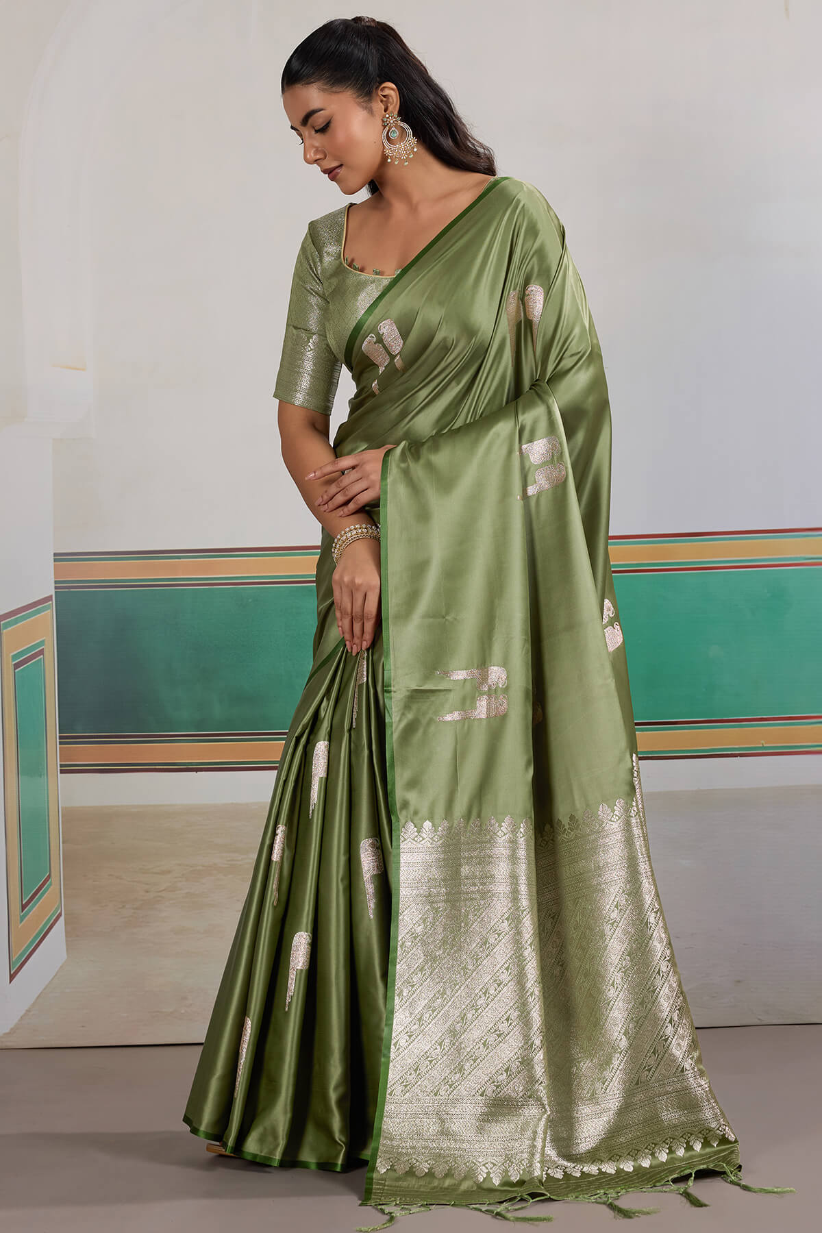 Dulcet Green Banarasi Satin Silk Saree With Felicitous Blouse