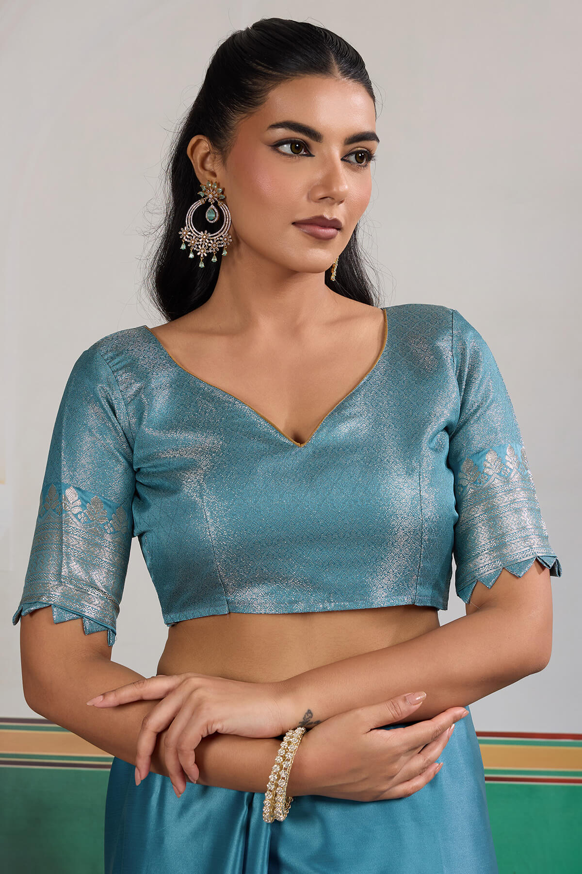 Effulgent Firozi Banarasi Satin Silk Saree With Enamoring Blouse