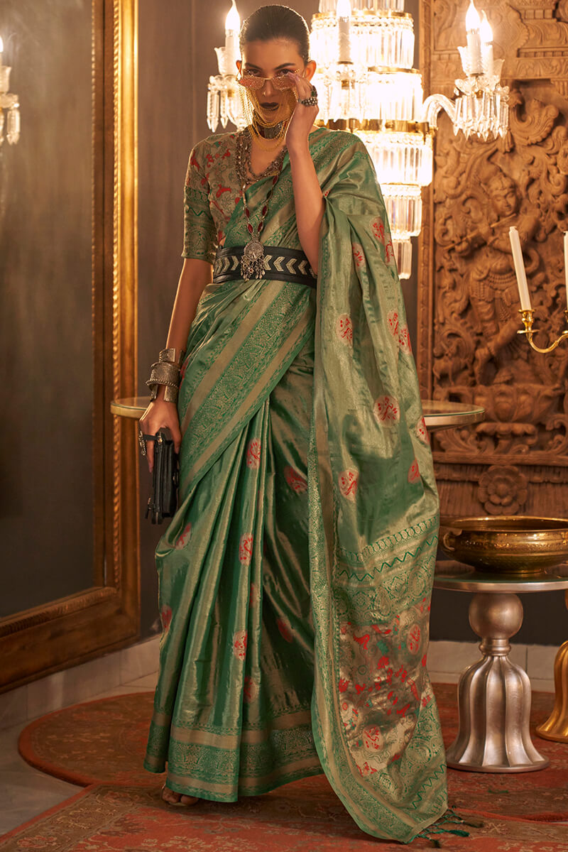 Gleaming Green Soft Banarasi Silk Saree With Sensational Blouse Piece