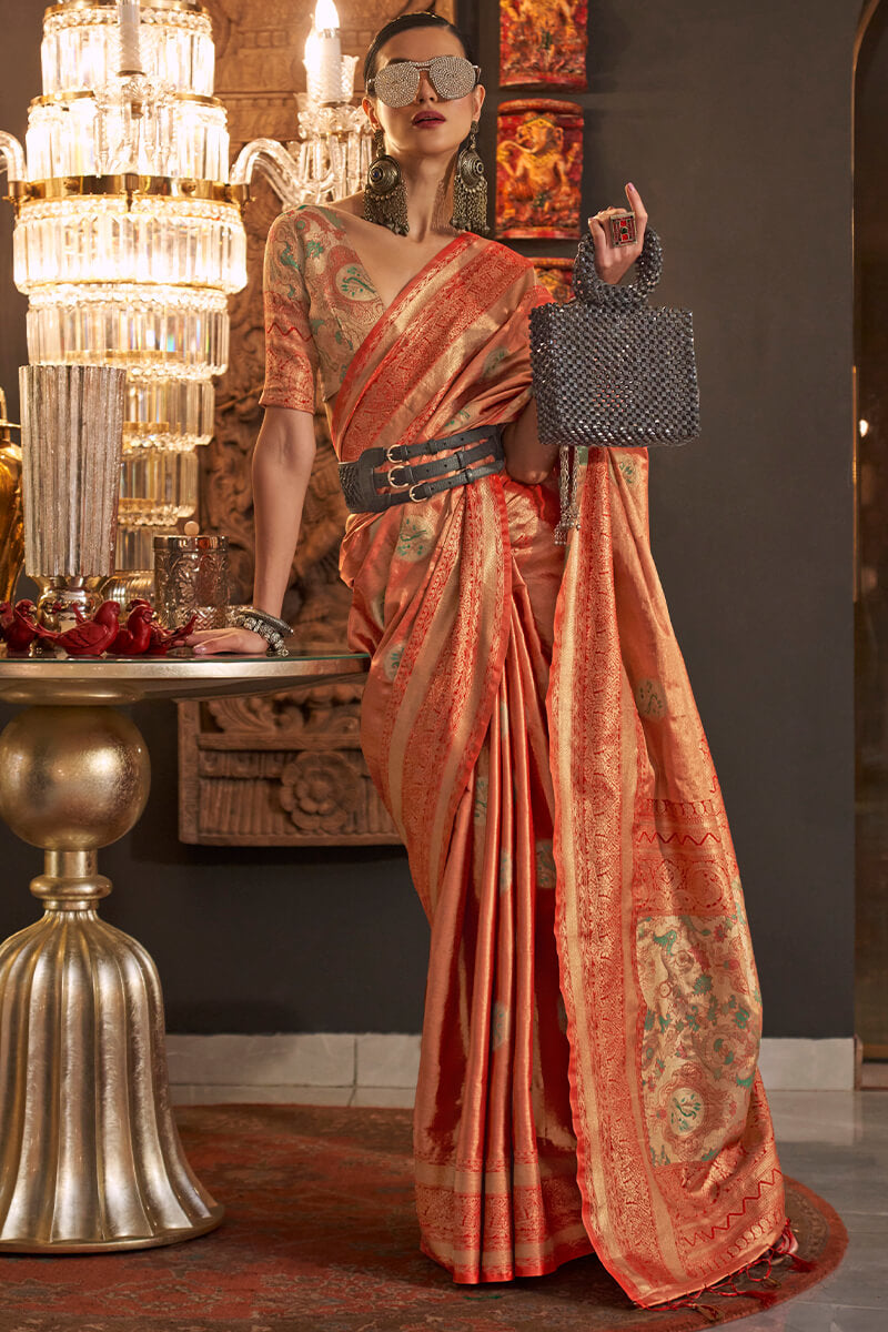 Exceptional Orange Soft Banarasi Silk Saree With Preferable Blouse Piece