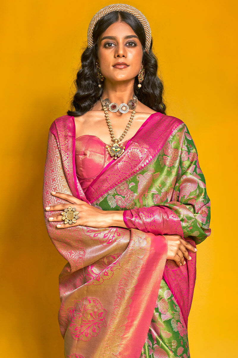 Ratatouille Green Kanjivaram Silk Saree With Engrossing Blouse Piece