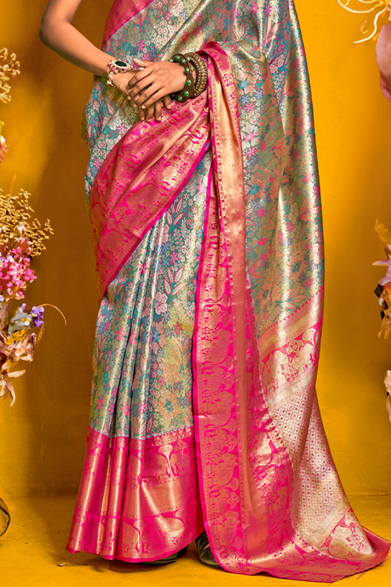 Petrichor Rama Kanjivaram Silk Saree With Engaging Blouse Piece